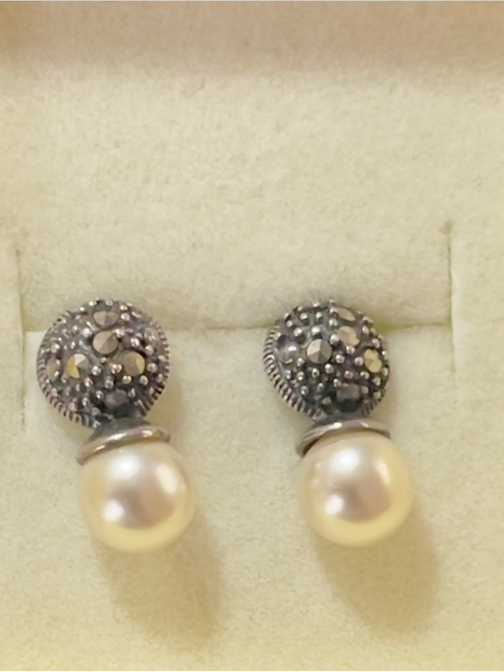Faux Pearl Drop Stud Earrings with Marcasite Accents Set In 925 Sterling Silver